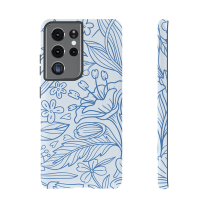 Dusty Blue Floral Line Art Tough Samsung Galaxy Case – Minimalist Botanical Design with Dual-Layer Protection