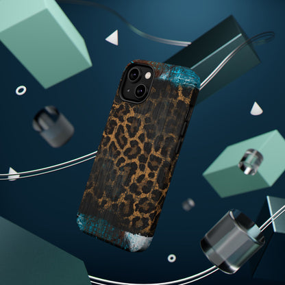 Boho Leopard and Turquoise Tough MagSafe iPhone Case – Rustic Western Design with Dual-Layer Protection