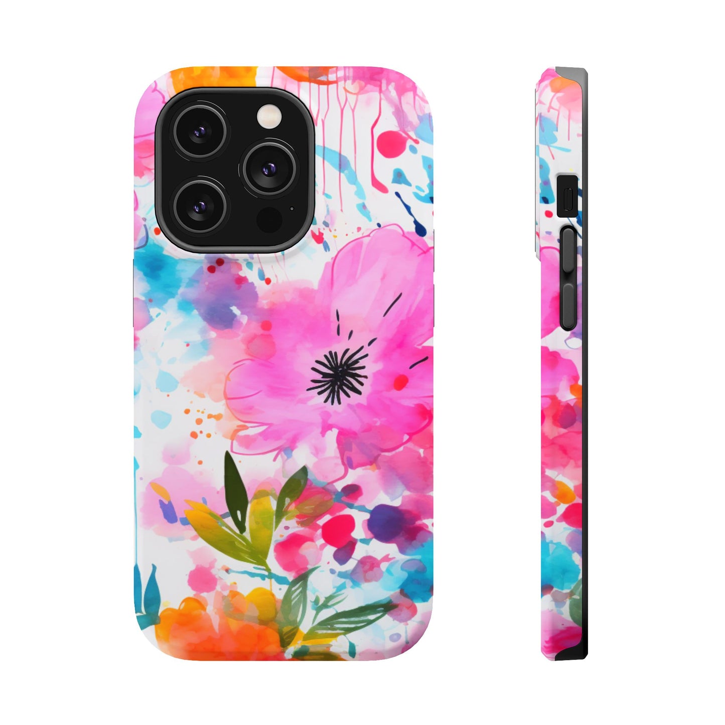 Color Splash Pink & Orange Watercolor Floral - MagSafe iPhone Case