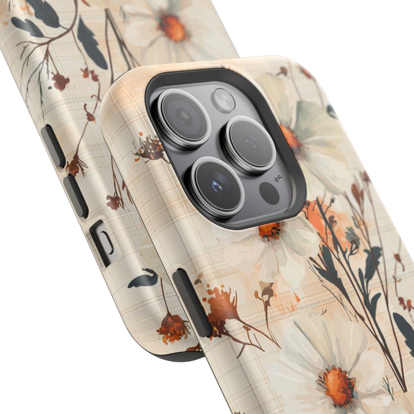 Pastel Orange Floral MagSafe iPhone Case - Elegant Plaid Protective Cover