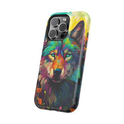 Rainbow Wolf in Bloom – MagSafe iPhone Case with Nature-Inspired Design