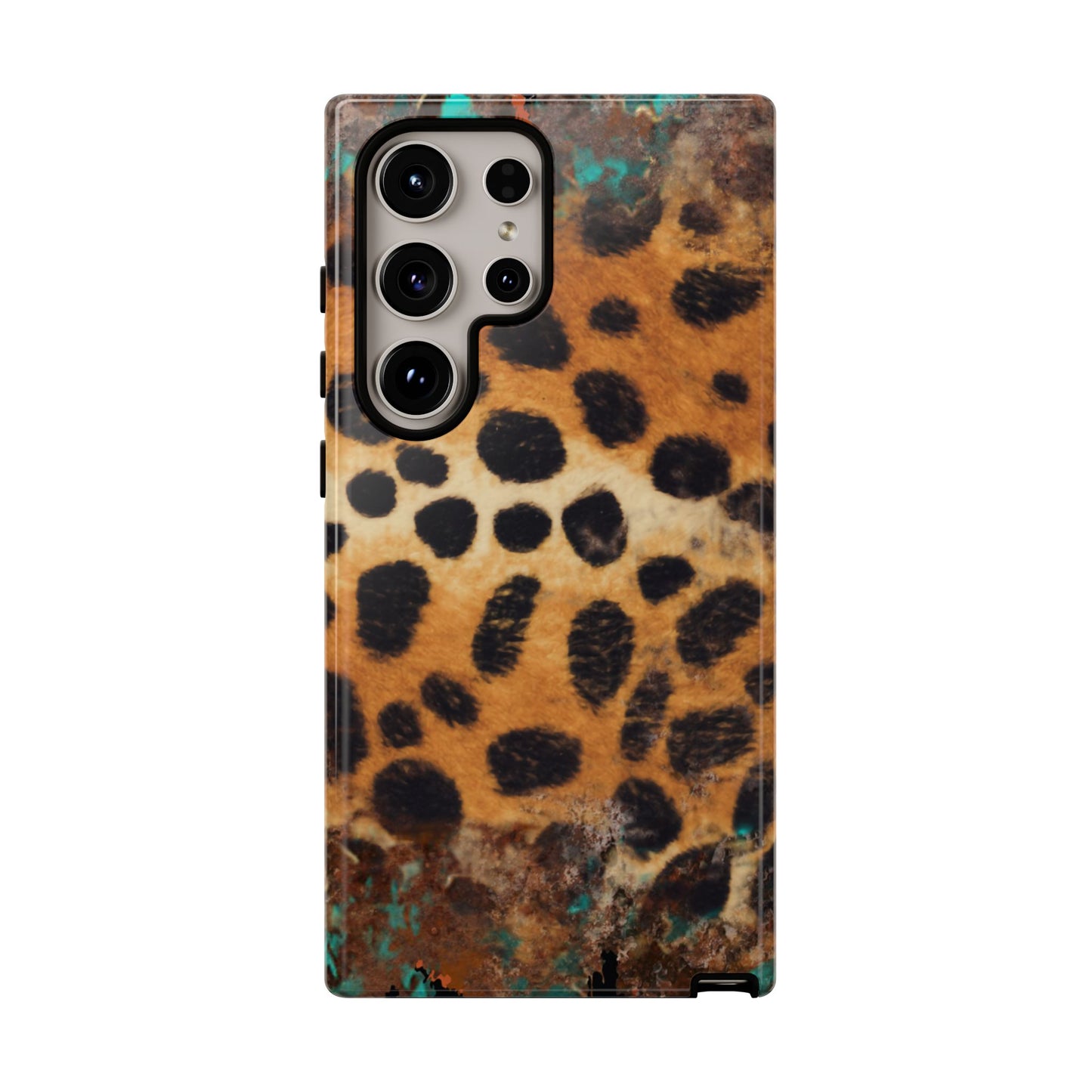 Rustic Leopard Print Tough Samsung Galaxy Case – Distressed Turquoise and Animal Pattern with Dual-Layer Protection