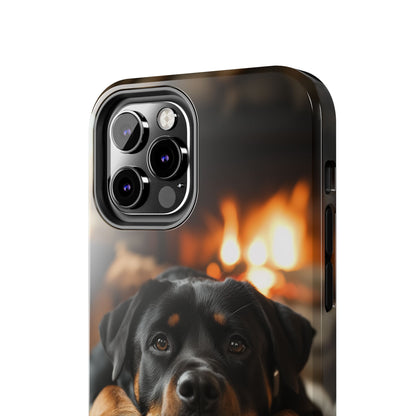 Cozy Rottweiler by the Fireplace iPhone Case – Warm Rustic Design