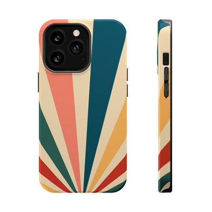 Retro Sunbeam MagSafe iPhone Case – 70s-Inspired Radiating Stripes in Coral, Teal, and Mustard