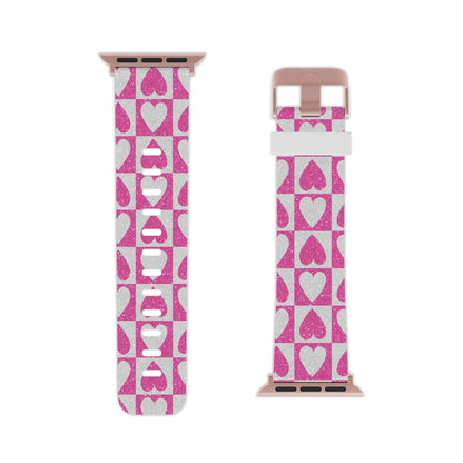 Pink Glitter Heart Checkered Pattern Apple Watch Band