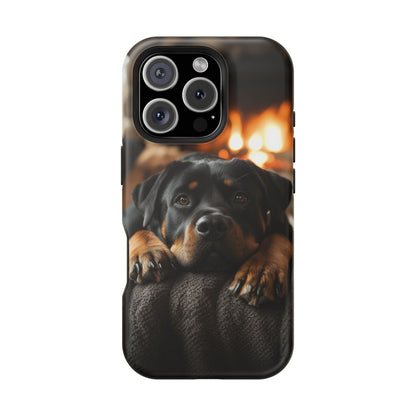 Cozy Rottweiler by the Fireplace MagSafe iPhone Case – Warm Rustic Design