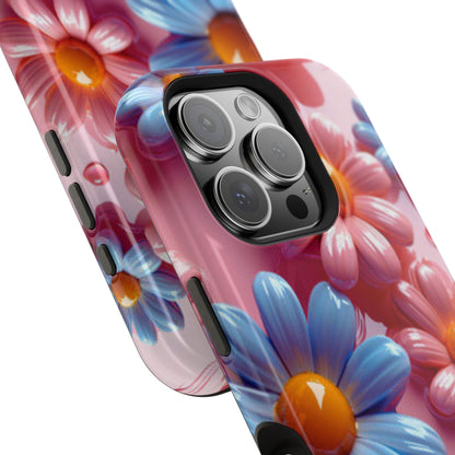 Pastel Daisy 3D MagSafe iPhone Case – Glossy Pink and Blue Floral Design, Full Protection