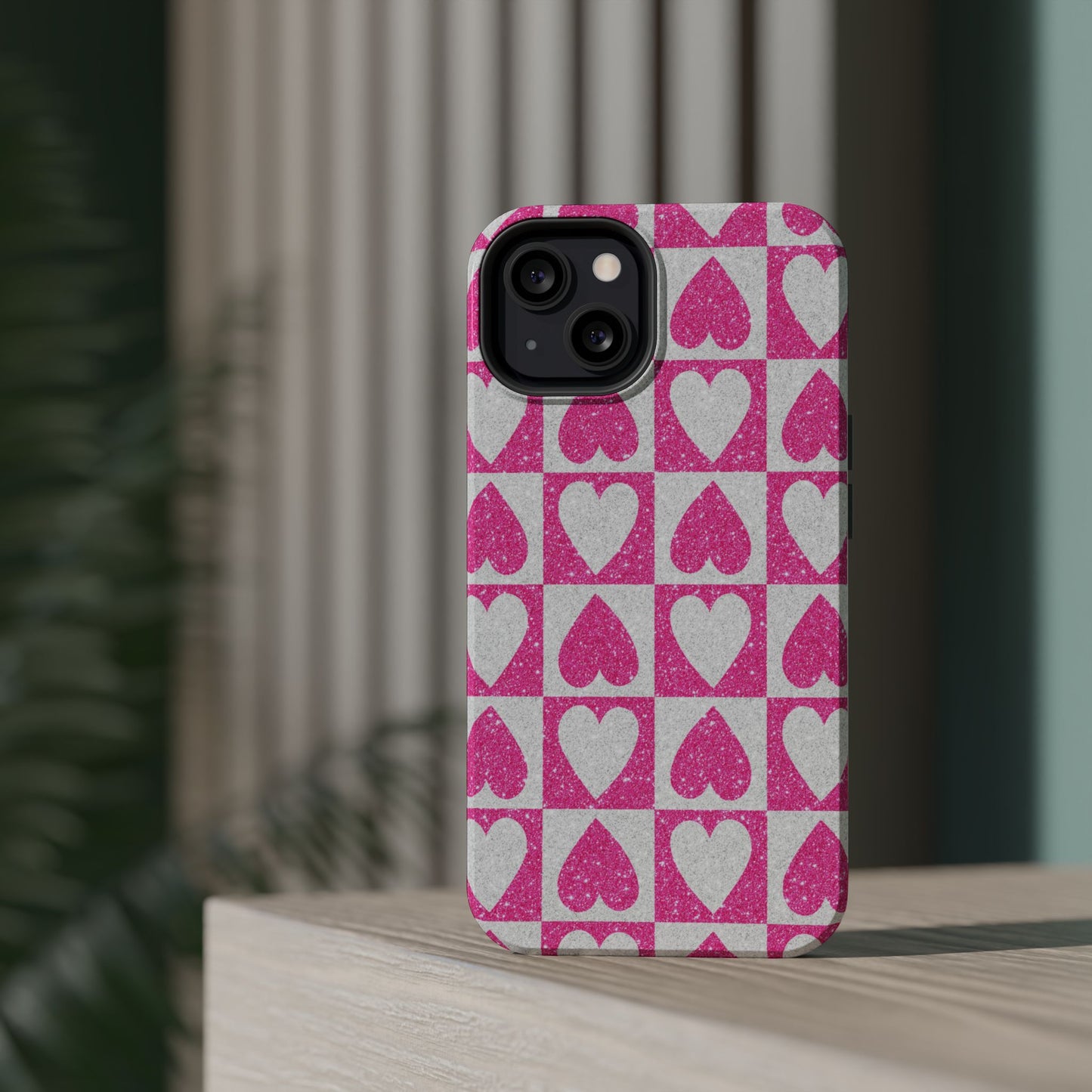 Pink Glitter Heart Checkered Pattern MagSafe Case