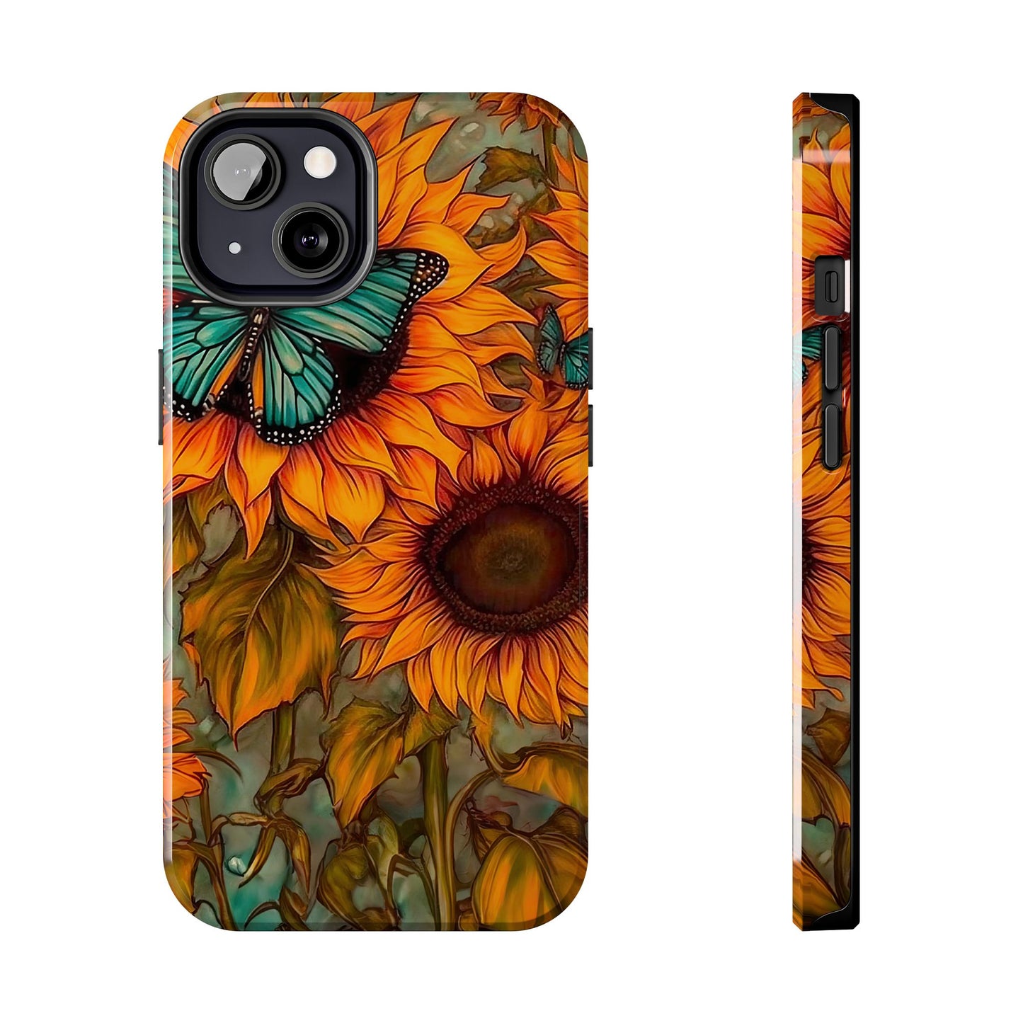 Vintage Blue Butterfly & Sunflower Art – iPhone Case