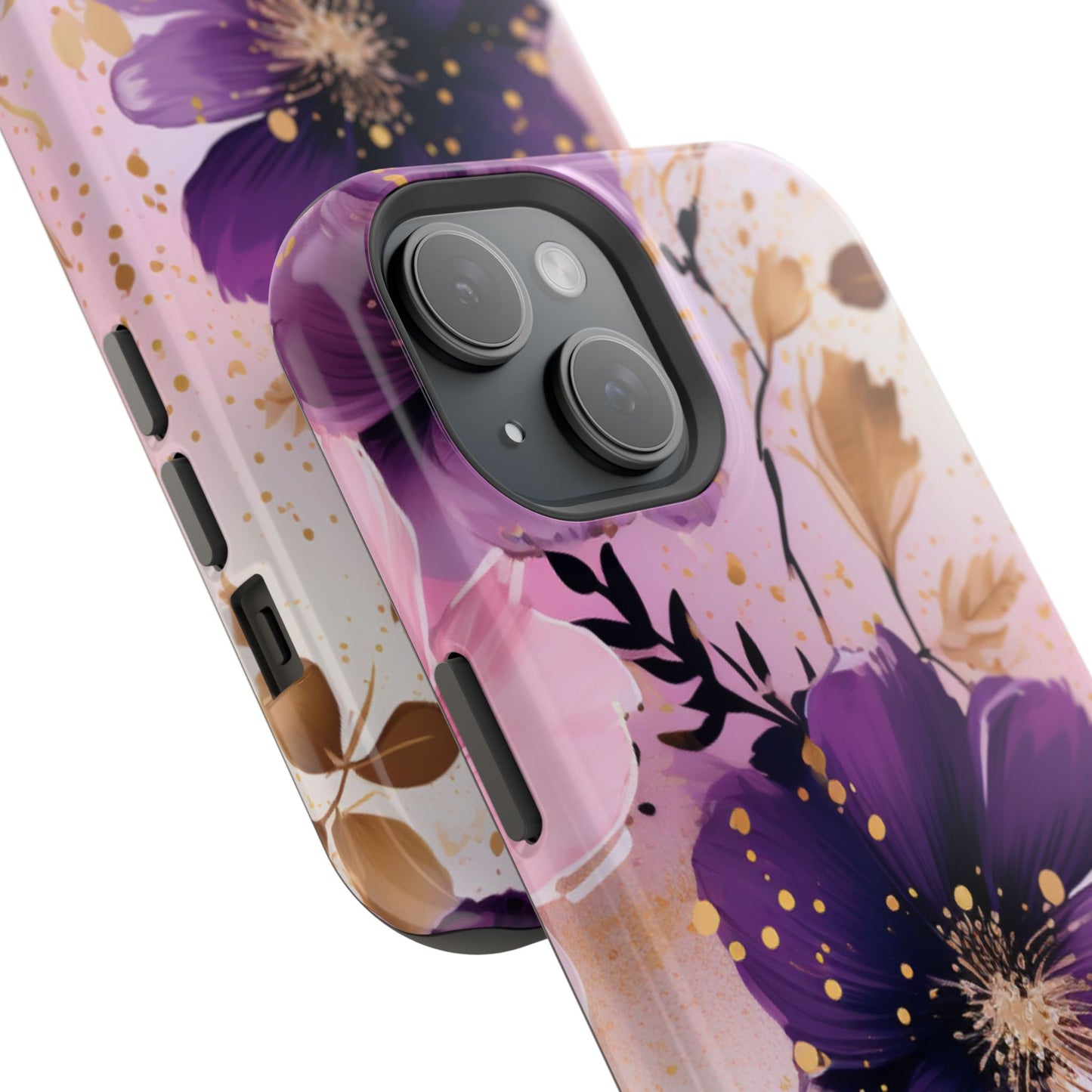 Elegant Purple & Gold Floral MagSafe iPhone Case - Luxe Flower Design