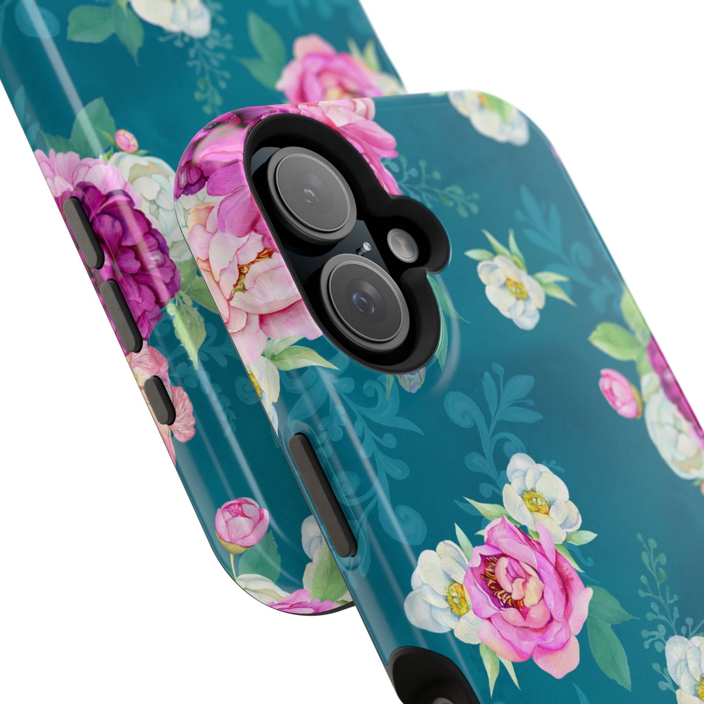 Elegant Peony Bouquet MagSafe iPhone Case – Deep Teal Background with Romantic Floral Design