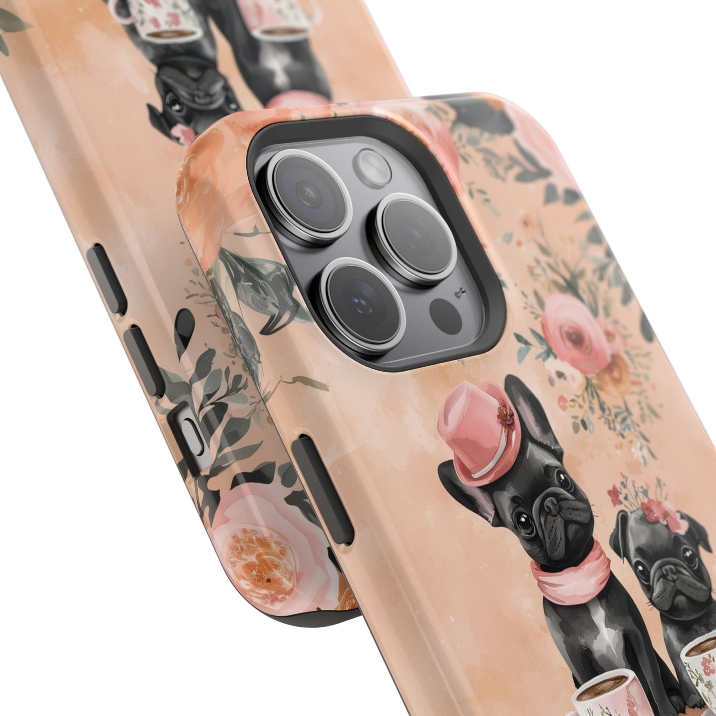 Floral French Bulldogs MagSafe iPhone Case – Elegant Dog Design with Tea Cups & Roses, Shockproof Protection