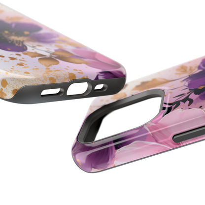 Elegant Purple & Gold Floral MagSafe iPhone Case - Luxe Flower Design