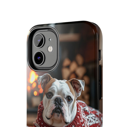 Cozy Bulldog in Sweater iPhone Case – Festive Fireplace Protective Cover