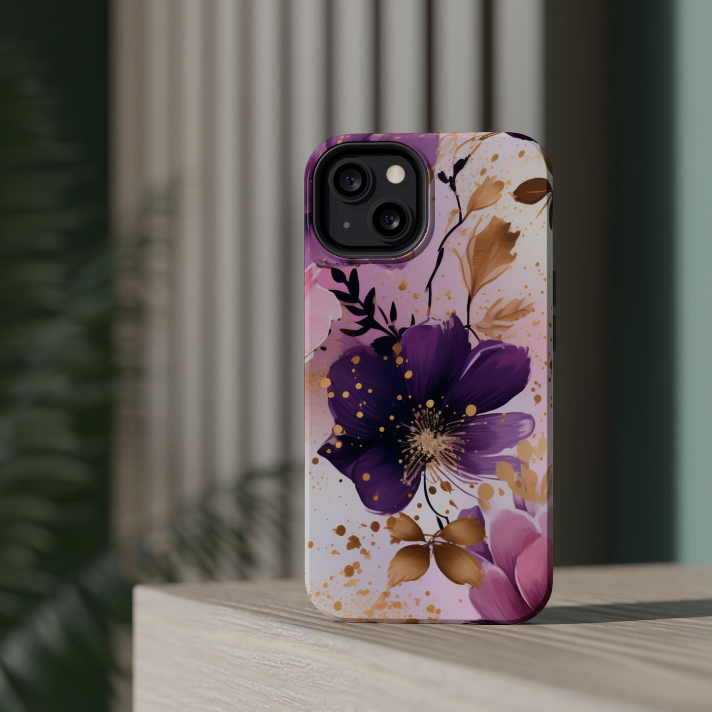 Elegant Purple & Gold Floral MagSafe iPhone Case - Luxe Flower Design