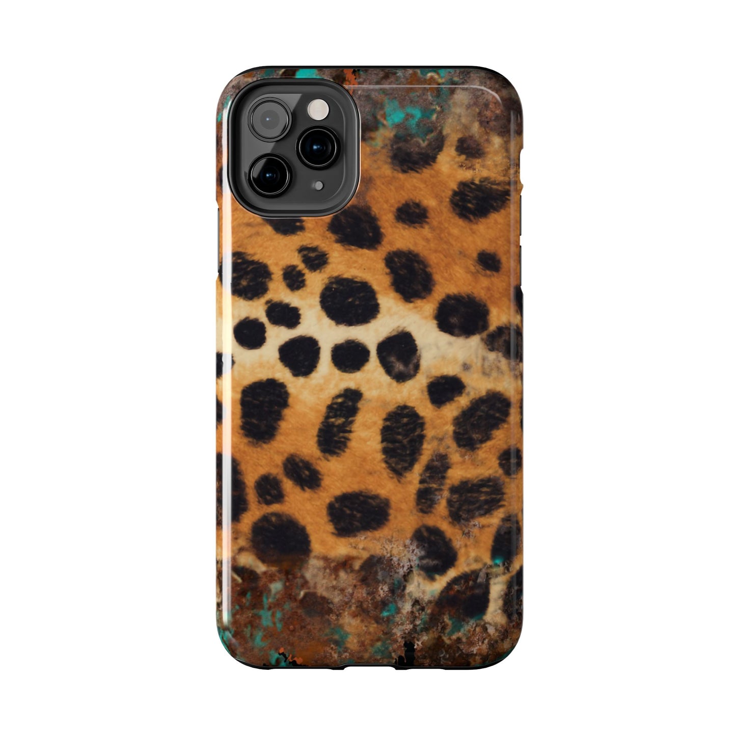 Rustic Leopard Print Tough iPhone Case – Distressed Turquoise and Animal Pattern with Dual-Layer Protection