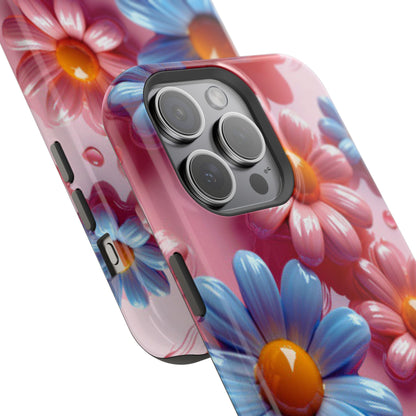 Pastel Daisy 3D MagSafe iPhone Case – Glossy Pink and Blue Floral Design, Full Protection