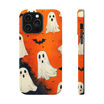 Spooky Ghosts & Bats  MagSafe iPhone Case – Vibrant Orange Halloween Design