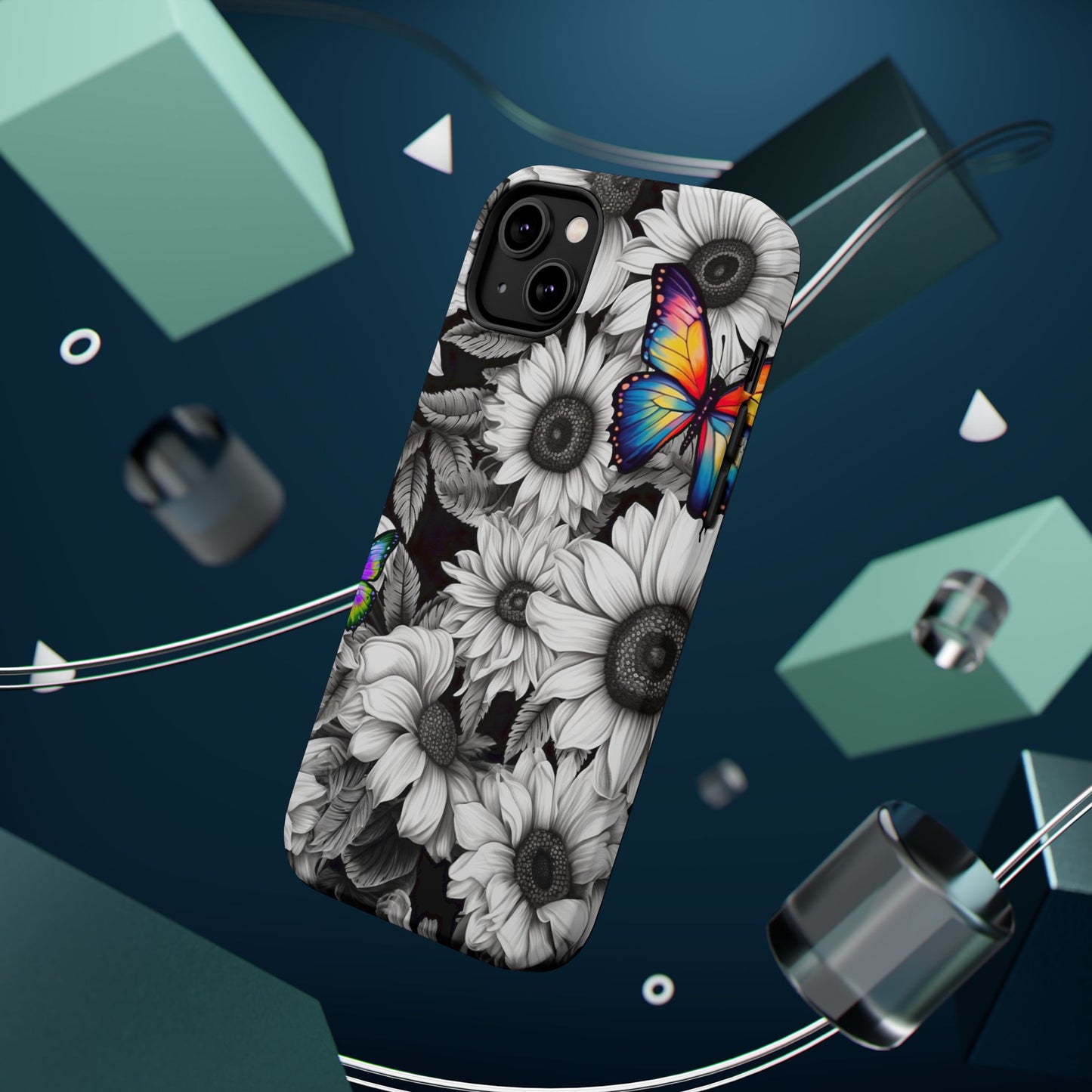 Rainbow Butterflies & Monochrome Sunflowers – MagSafe iPhone Case