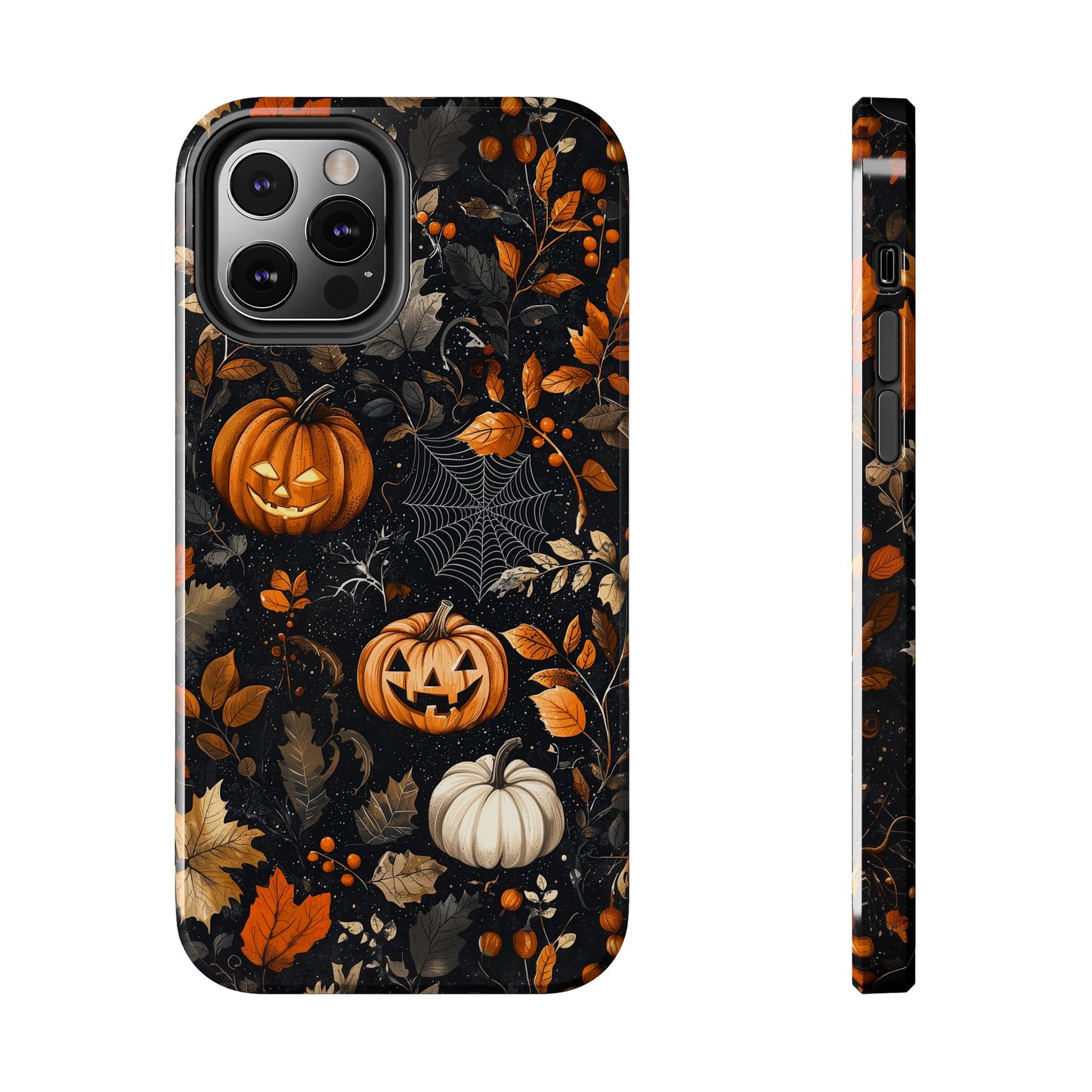 Elegant Halloween iPhone Case – Pumpkin Jack-o'-Lanterns, Cobwebs & Autumn Foliage Design