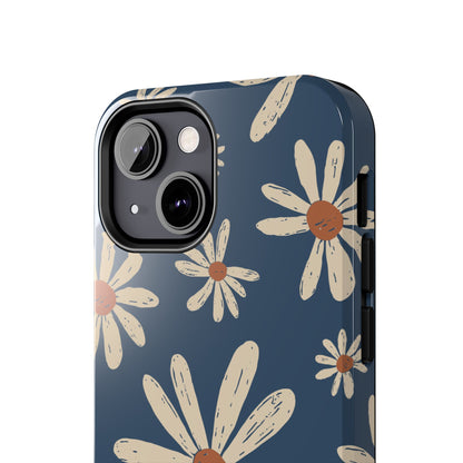 Vintage Daisies iPhone Case – Navy Blue Floral Design, Scratch - Resistant with Shock - Absorbing Bumper - BOGO Cases