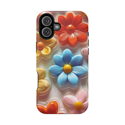 Glossy Retro Flower MagSafe iPhone Case – Colorful 3D Floral Design, Durable Protection