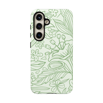 Sage Green Floral Line Art Tough Samsung Galaxy Case – Minimalist Botanical Design with Dual-Layer Protection