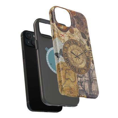 Steampunk Vintage Adventure MagSafe iPhone Case – Dual-Layer Protection with Antique Map and Clock Design