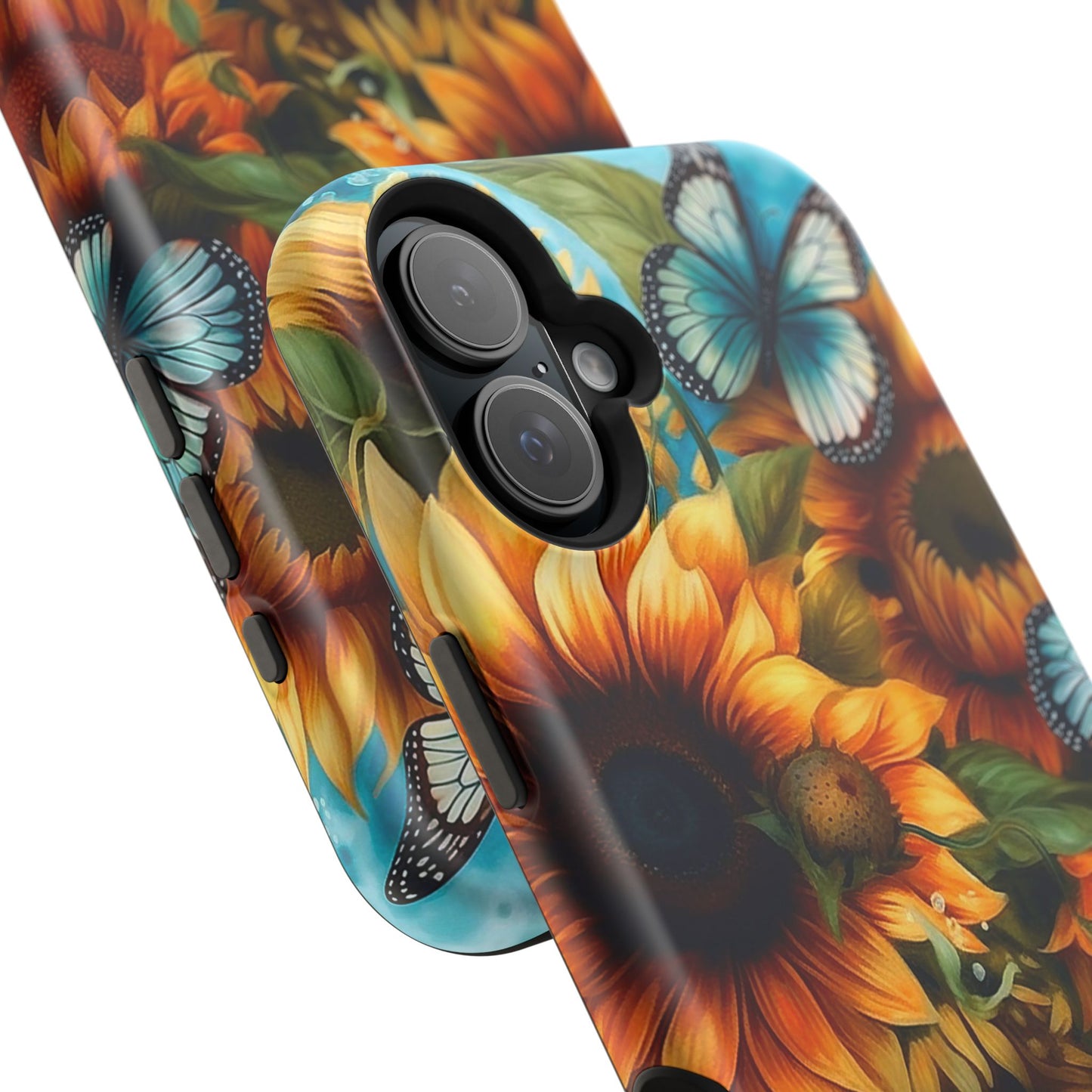 Aqua Blue Butterfly & Sunflower Art – MagSafe iPhone Case