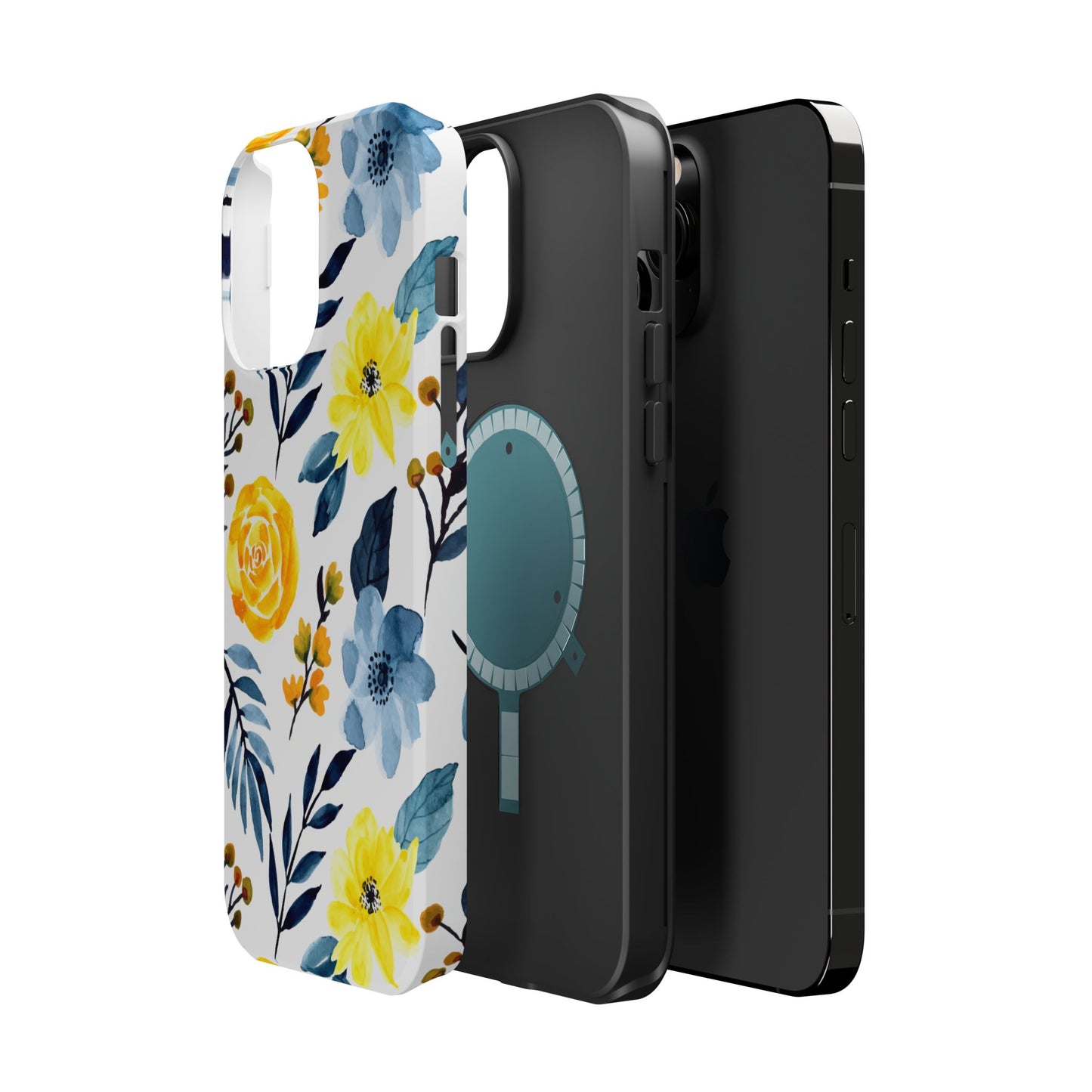 Golden Yellow & Sky Blue Floral – Watercolor Botanical MagSafe iPhone Case