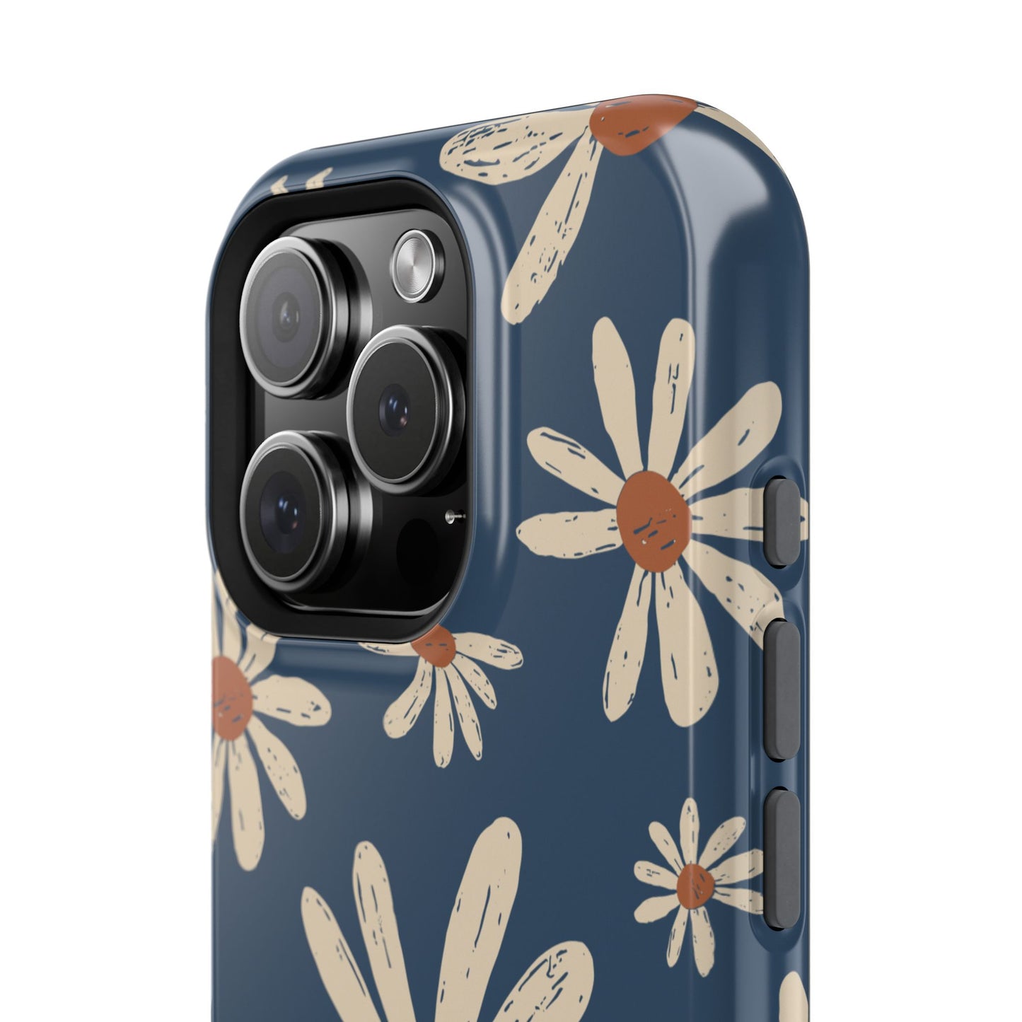 Vintage Daisies MagSafe iPhone Case – Navy Blue Floral Design, Scratch-Resistant with Shock-Absorbing Bumper