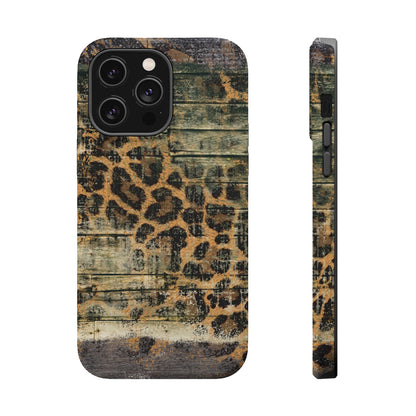 Rustic Wood and Leopard Print Tough MagSafe iPhone Case – Distressed Western Design with Dual-Layer Protection