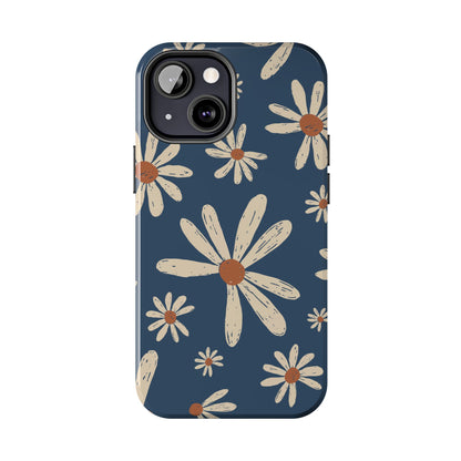 Vintage Daisies iPhone Case – Navy Blue Floral Design, Scratch - Resistant with Shock - Absorbing Bumper - BOGO Cases