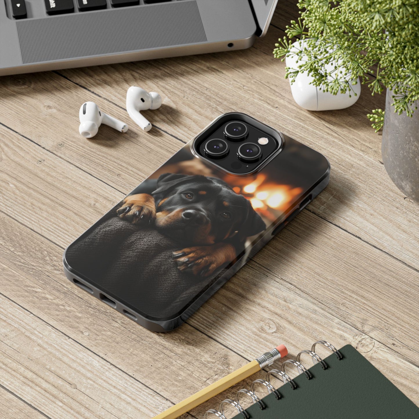 Cozy Rottweiler by the Fireplace iPhone Case – Warm Rustic Design