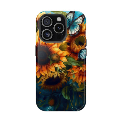 Aqua Blue Butterfly & Sunflower Art – MagSafe iPhone Case