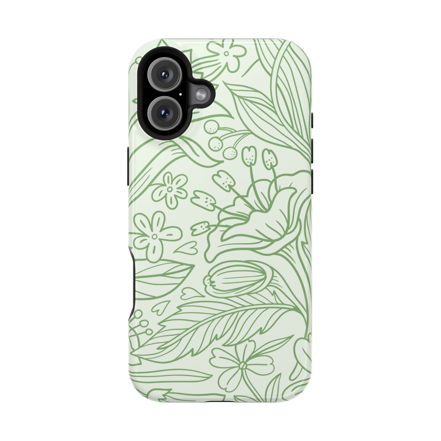 Sage Green Floral Line Art Tough MagSafe iPhone Case – Minimalist Botanical Design with Dual-Layer Protection