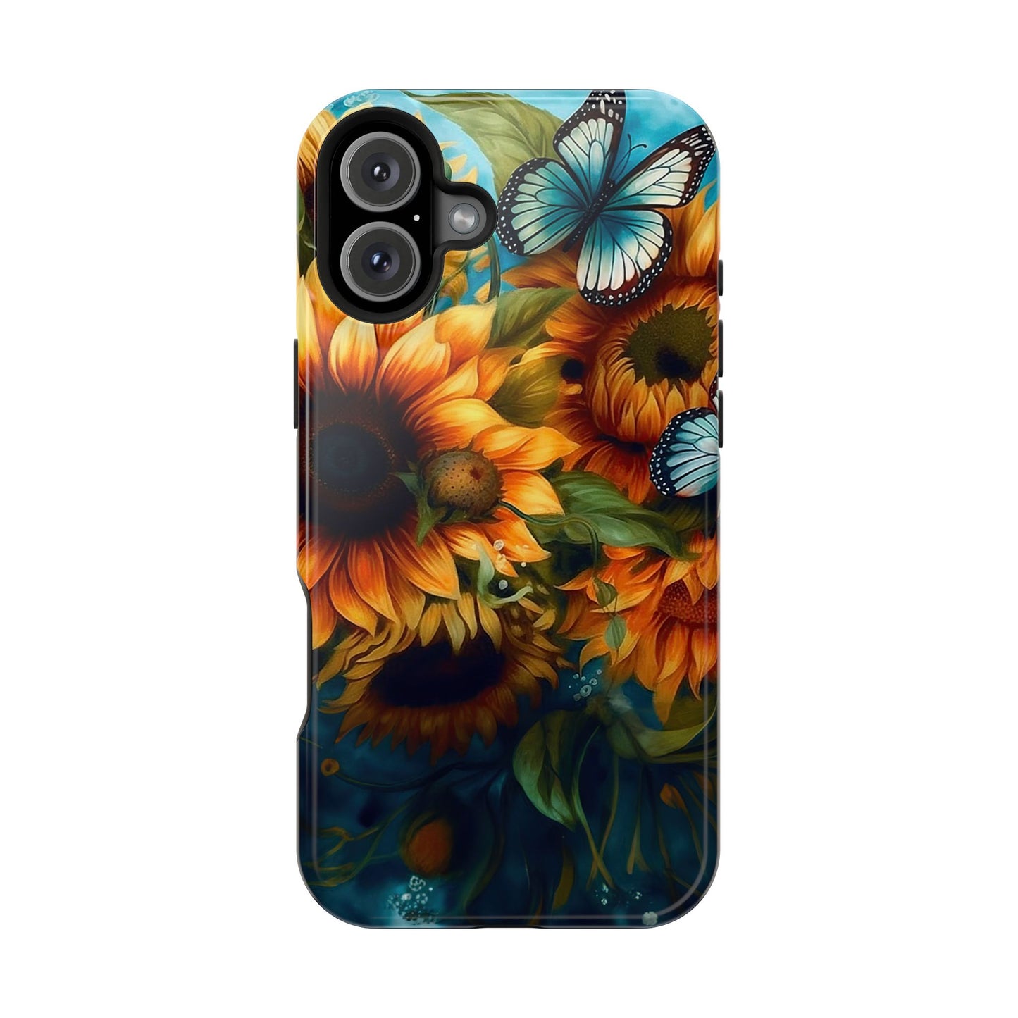 Aqua Blue Butterfly & Sunflower Art – MagSafe iPhone Case