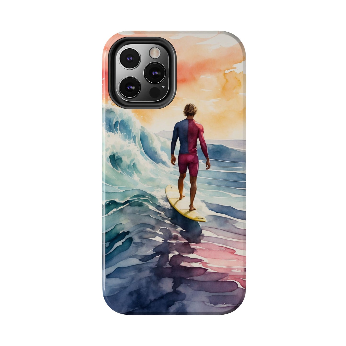 Surfer’s Sunset Wave iPhone Case – Vibrant Watercolor Design