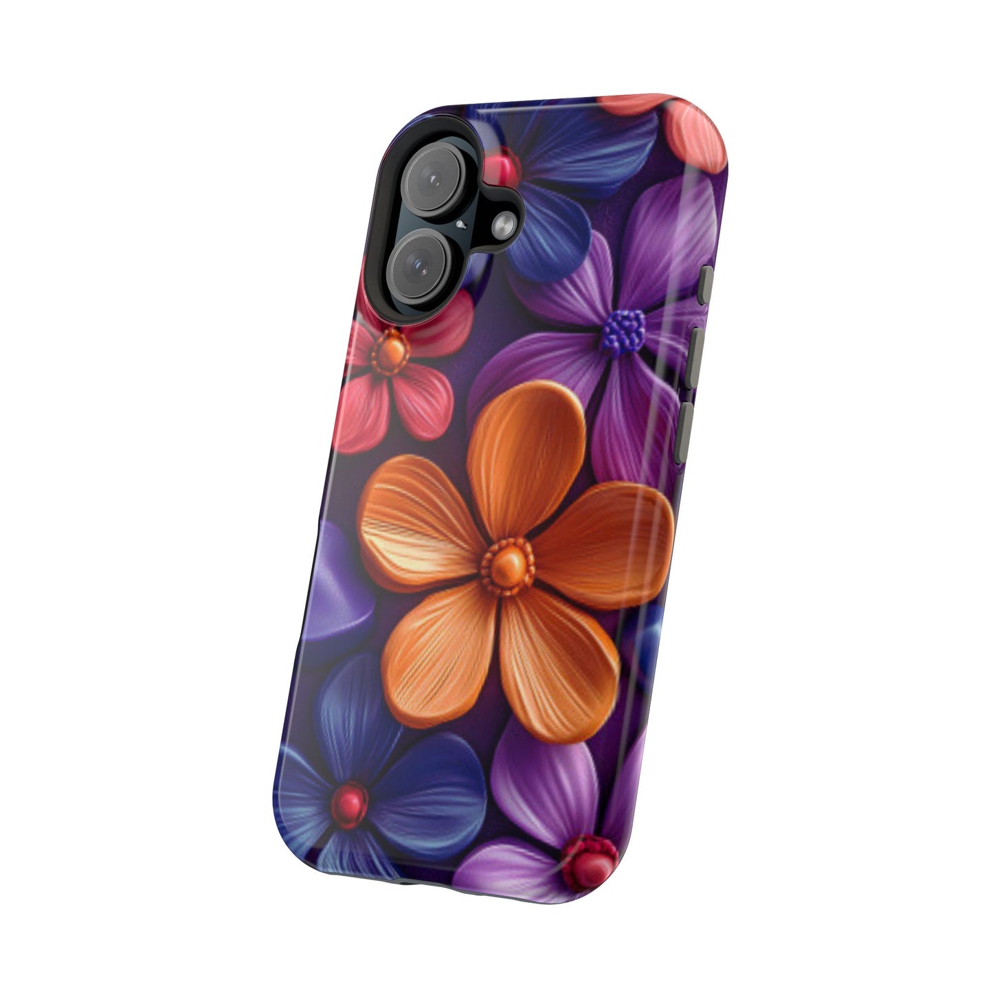 Bold Floral 3D MagSafe iPhone Case – Vivid Purple and Orange Flower Design, Shock-Resistant