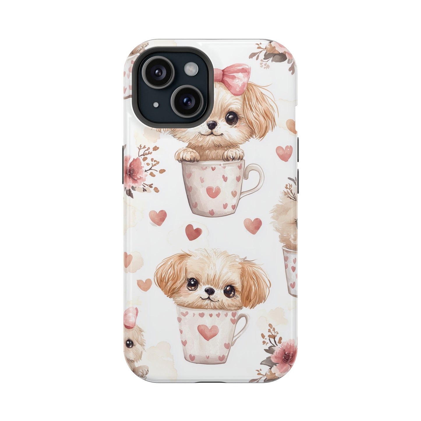 Cute Puppies in Heart MagSafe iPhone Case – Adorable Dog & Floral Design, Shockproof & Slim