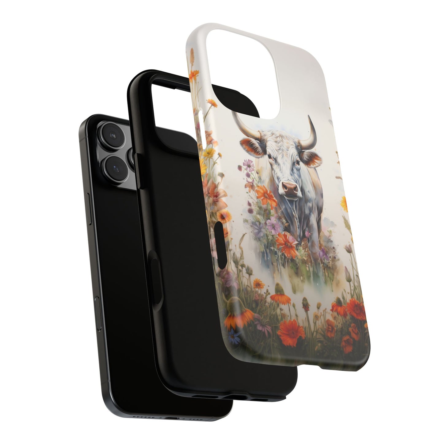 Floral Cow Phone Case - Rustic Western Watercolor Bull. For iPhone, Samsung Galaxy, and Google Pixel Phones. Cute Gift For Any Cow Lover. - BOGO Cases