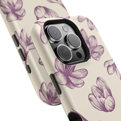 Vintage Botanical Floral Tough MagSafe iPhone Case – Hand-Drawn Purple Flowers, Shockproof Design