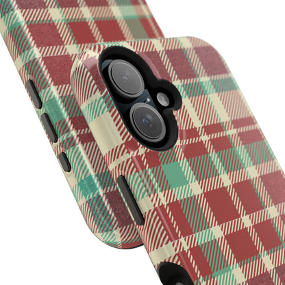 Retro Red & Cream Plaid – MagSafe iPhone Case with Classic Elegance