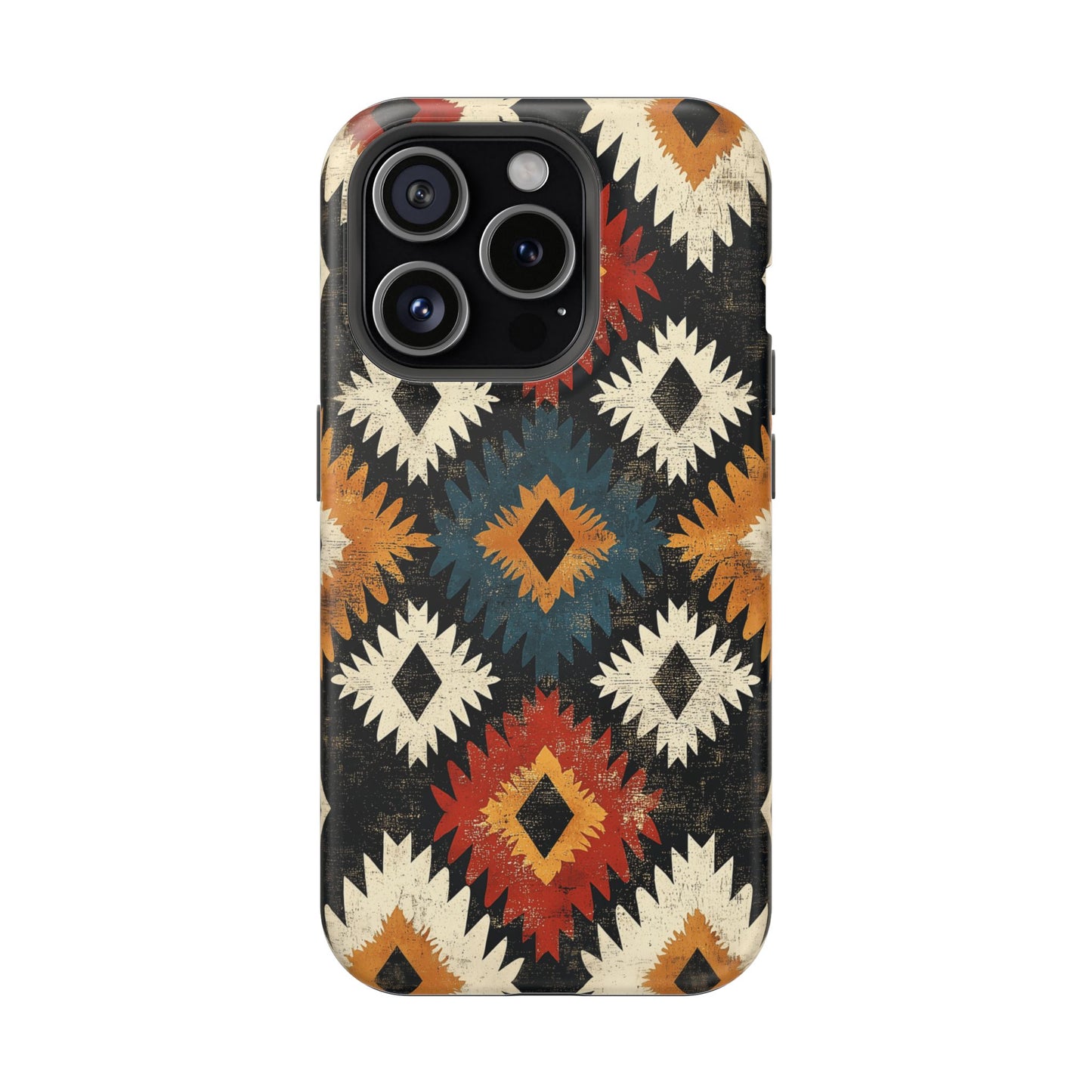 Rustic Tribal Sunburst Tough MagSafe iPhone Case – Vibrant Geometric Design, Dual-Layer Protection