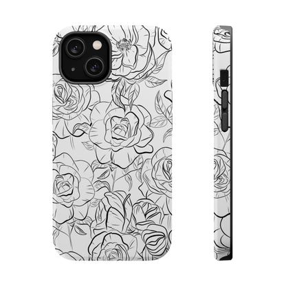 Monochrome Rose Garden Tough MagSafe iPhone Case – Elegant Floral Line Art with Dual-Layer Protection