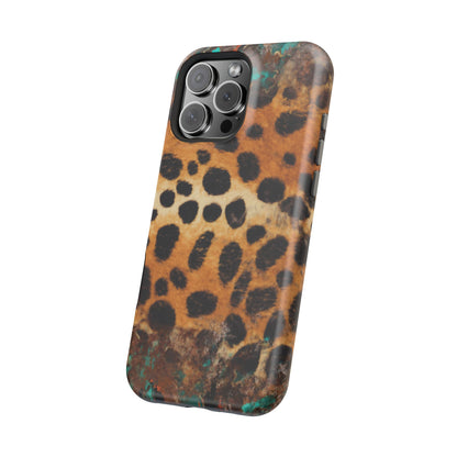 Rustic Leopard Print Tough MagSafe iPhone Case – Distressed Turquoise and Animal Pattern with Dual-Layer Protection