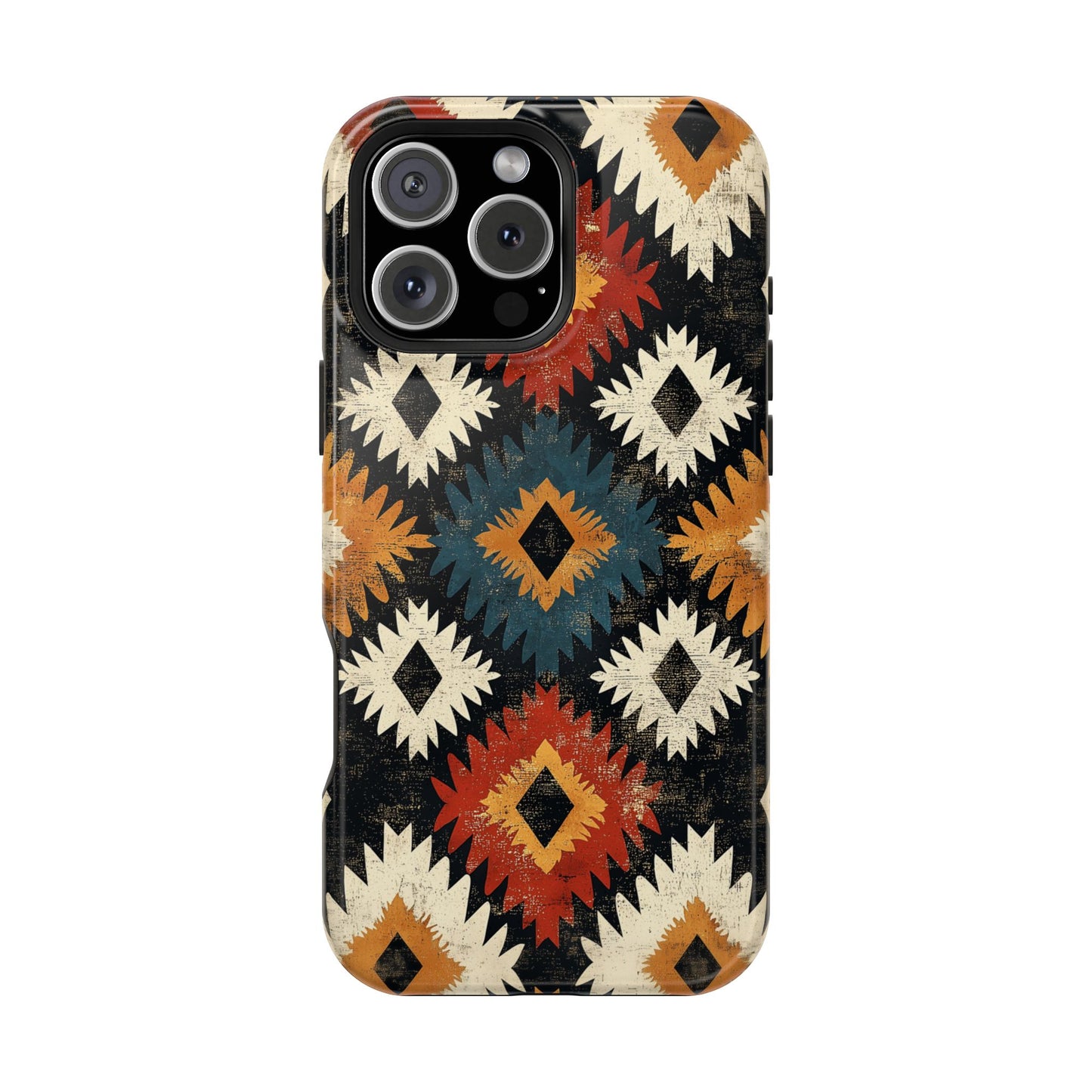 Rustic Tribal Sunburst Tough MagSafe iPhone Case – Vibrant Geometric Design, Dual-Layer Protection