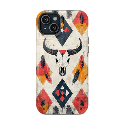 Western Bull Skull & Feathers Tough Mag Safe iPhone Case – Bold Tribal Design, Dual-Layer Protection