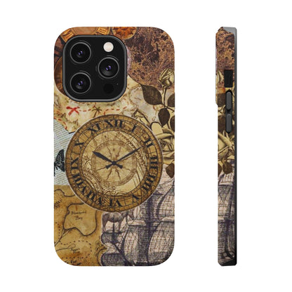 Steampunk Vintage Adventure MagSafe iPhone Case – Dual-Layer Protection with Antique Map and Clock Design