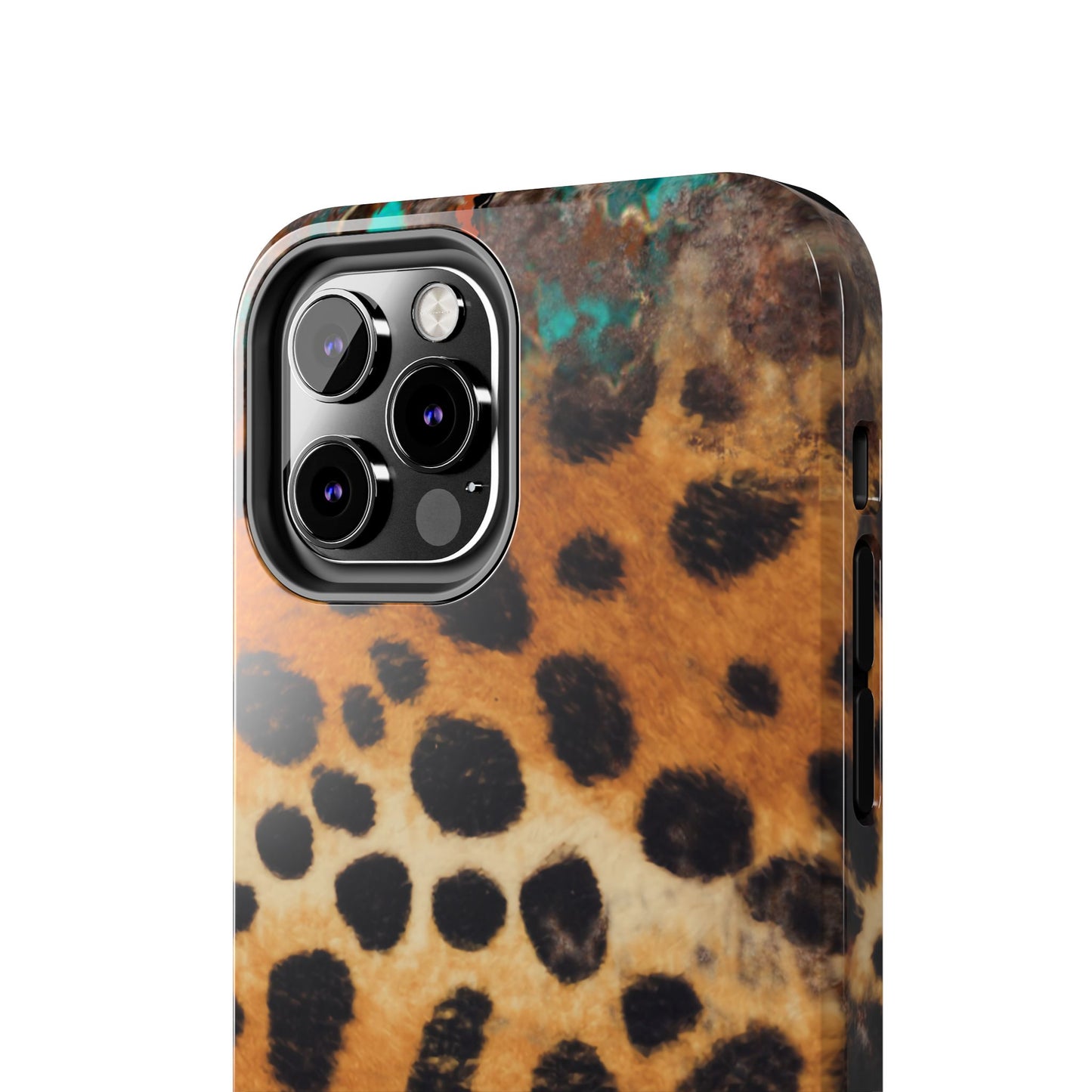 Rustic Leopard Print Tough iPhone Case – Distressed Turquoise and Animal Pattern with Dual-Layer Protection